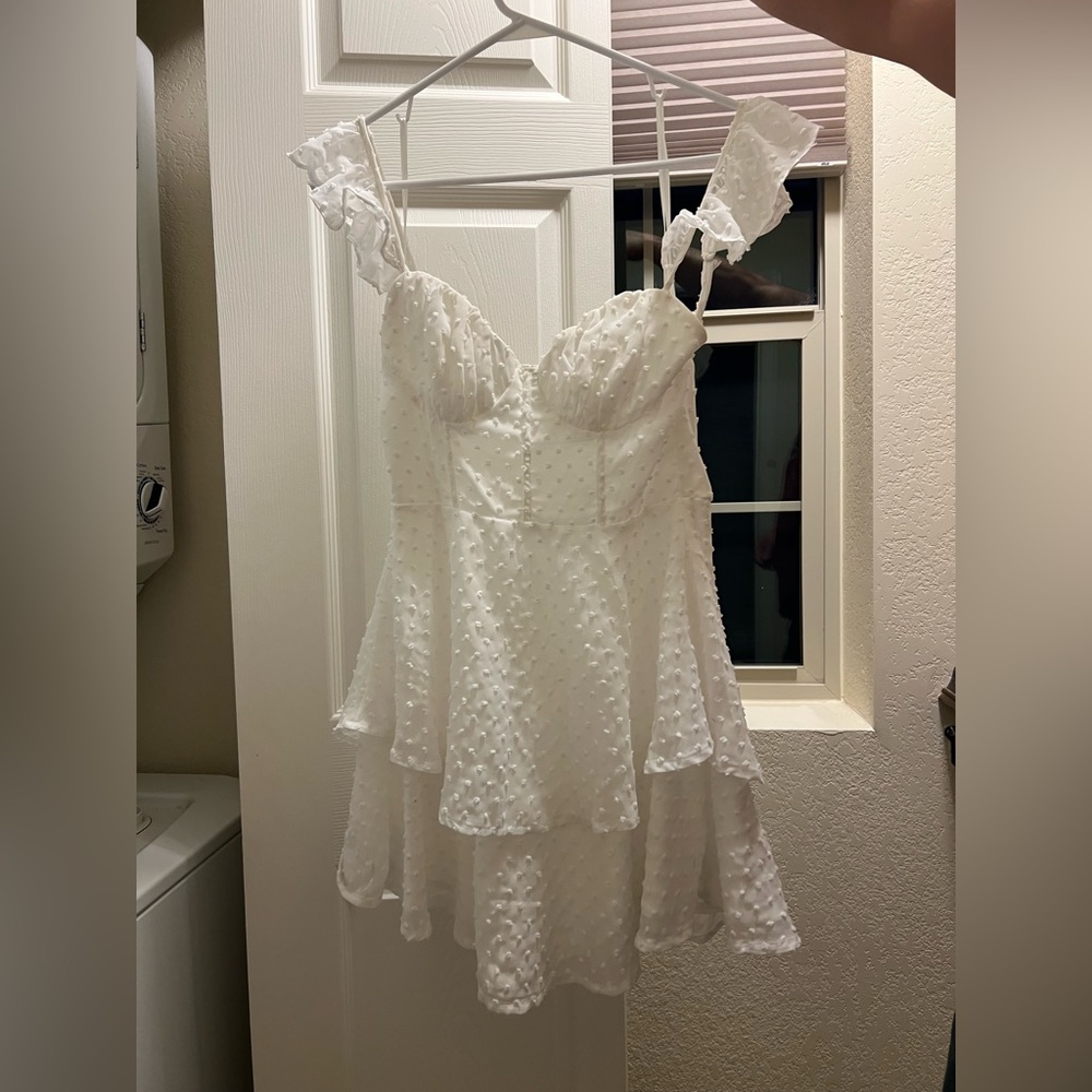 Selfie Leslie White Frill Strap Mini Dress
